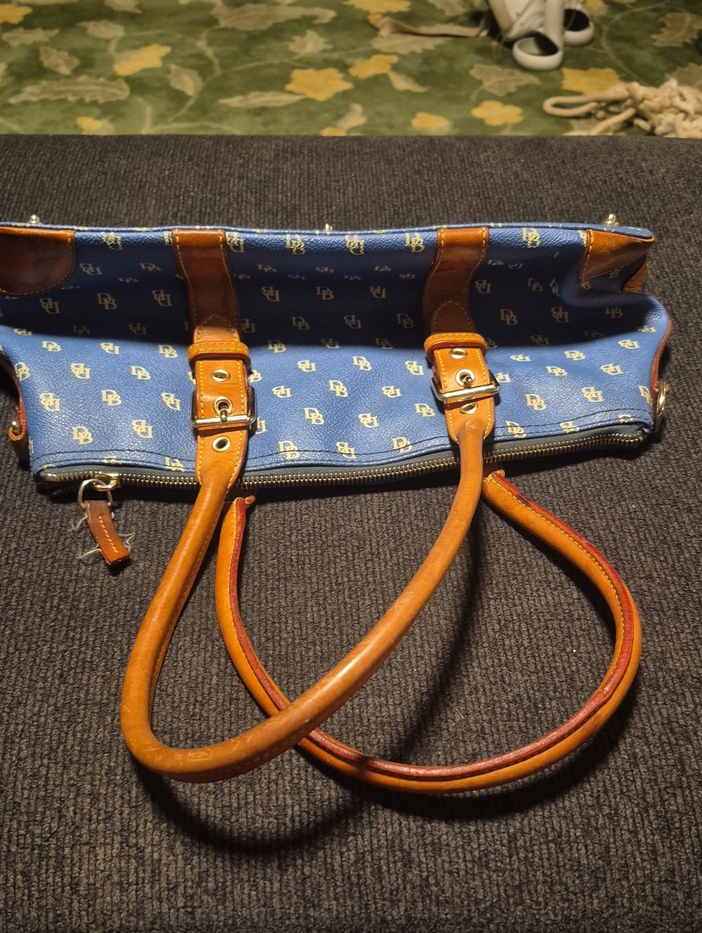 Dooney & Bourke Blue Canvas Shoulder Bag with Tan Leather Trim